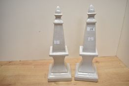 Two decorative late 19th to early 20th-century ceramic obelisks, impressed to base, approximately