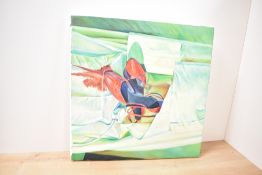 Contemporary oil on canvas, an intriguing study of red shoes with a red wine stain on a green