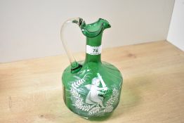 Presumed 19th-century Mary Gregory-style green glass ewer, featuring white enamel decoration
