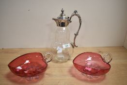A small selection of Victorian glass ware, to feature a white metal mounted glass claret jug,