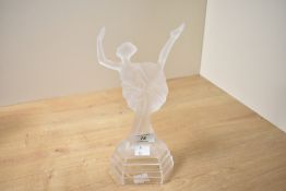 A 20th-century frosted crystal glass ballerina figurine, having a steeped base, unmarked, 27cm,