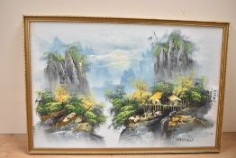 Y Yang (20th Century) Oil on board, a dwelling nestled on rocks above a waterfall in cool tones,