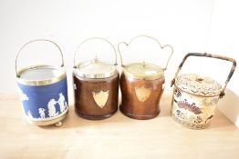 Four 20th-century biscuit barrels, to include a Wedgwood Blue Jasperware example; two wooden