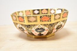 A early 20th-century Royal Crown Derby bone china 'Old Imari, Pattern 1128' bowl, of octagonal form,