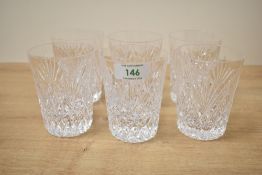Six 20th-century Tyrone Crystal Cut Glasses, featuring distinctive geometric cut glass decoration,