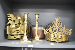 A quantity of 19th-century metal ware, to include two pierced brass wall pockets/tidies, having