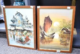 A pair of 20th century oils on canvas's, the first depicting Chinese junk boats at sundown the