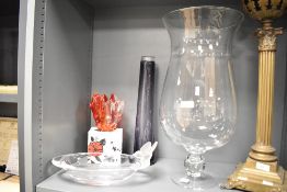 A quantity of 20th-century studio glass ware, to include a large hurricane vase, featuring a