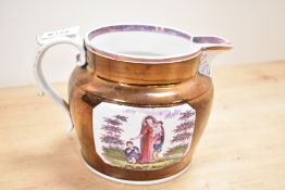 A 19th-century Sunderland lustre pottery jug, featuring a transfer-print panel, religious in nature,