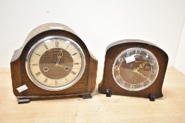 A 20th-century Smiths wooden Art Deco-style 30-hour wind-up mantle clock, converted to quartz;