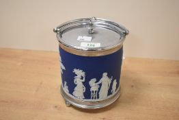 A 20th-century Wedgwood jasper ware biscuit barrel, having silver-plated fittings, including a lid