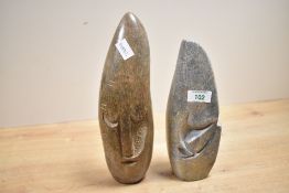 Thought to be two 20th-century African Modernist Shona-style hard stone sculptures, featuring