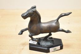 An early 20th-century bronze Flying Horse of Gansu-style statue, upon a metal base, unmarked, 15.5cm