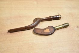 Two 19th-century wood and brass goose wing knitting sheaf's, to feature a small delicate inlaid