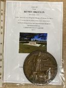 WW1 Memorial Plaque, unique name, HENRY BRITTON, commemorated on Commonwealth War Graves Commission.