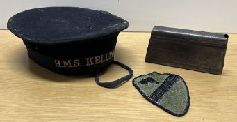 Royal Navy WW2-period black cap with H.M.S. KELLINGTON gold lettering on black silk tally, the cap