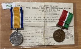 WW1 Mercantile Marine pair comprising British War and Mercantile Marine medals correctly impressed