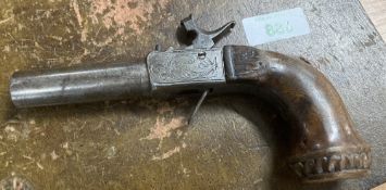 Percussion Muff Pistol with 6.5cm x 1.6cm diameter round barrel, scroll engraved lock, two-