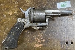 Belgian Lefaucheux-type pinfire six shot revolver, 7cm x 0.7cm diameter tarnished octagonal barrel