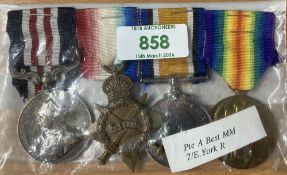WW1 Military Medal group of four to the East Yorkshire Regiment comprising GV uncrowned head, swivel