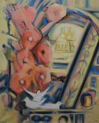 Ashra F Elias (UAE 20th Century) Oil on canvas, an abstract architectural study with white doves