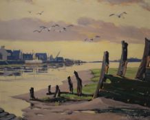 Walter Taylor (20th Century) Oil on board, an estuary scene with decaying ship wreck, signed and