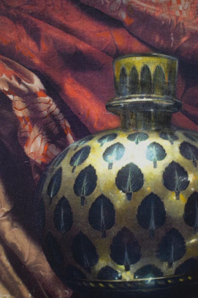 Sarah Warren (British Contemporary) Oil on canvas still life, an ornate golden vase with leaf - Image 3 of 5