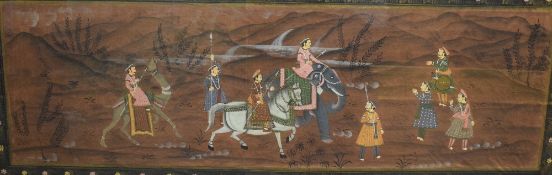 Indo-persian Mugal/Rajput painting on silk (20th Century) depicting a procession of figures