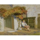 A 20th Century watercolour, depicting a woman knitting in a deck chair outside of a cottage,