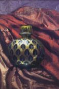 Sarah Warren (British Contemporary) Oil on canvas still life, an ornate golden vase with leaf
