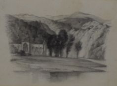 A 19th century graphite sketch depicting a countryside landscape with ruins, unsigned or attributed,