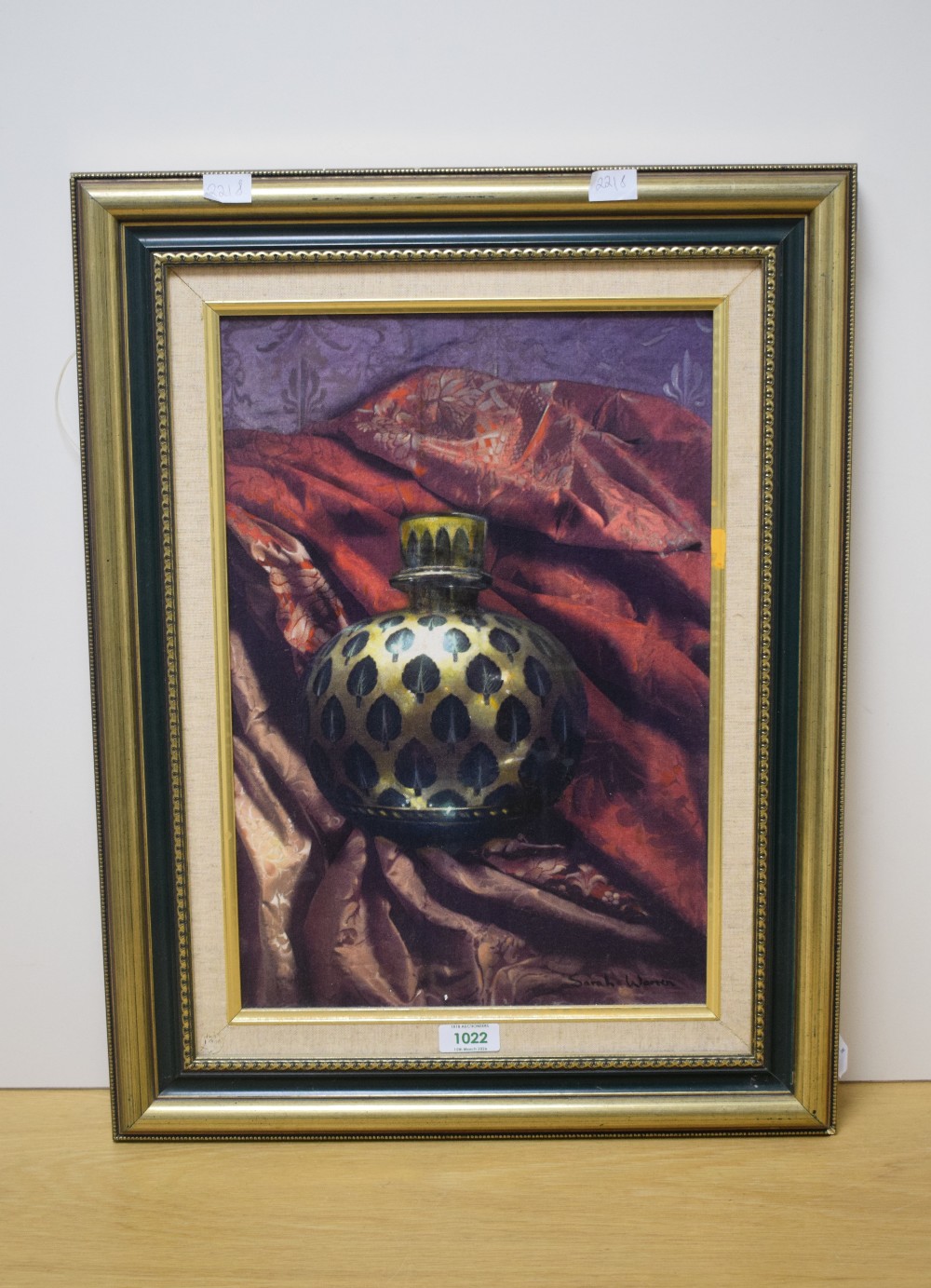 Sarah Warren (British Contemporary) Oil on canvas still life, an ornate golden vase with leaf - Image 2 of 5