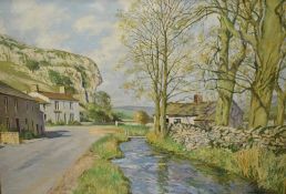 William Lambert Bell (British 1904-1983) Oil on canvas, depicting a rural riverside hamlet in