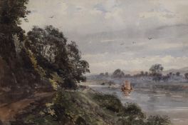 Attributed to Samuel Bough (British 1822-1878) Watercolour, a riverside landscape with sailboat,