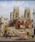 Ken Bizon (British b.1927) Oil on canvas 'York Minster', a 1980/90's street view of the City's