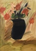 A 20th Century Watercolour still life, depicting a dark vase filled with red flowers, initialled '