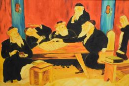 After Max Lasky (20th Century) oil on board 'Talmudical Discussion', a reproduction in vibrant