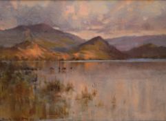 David Hewitt (British 1878-1939) Oil on board, a mountainous lake scene with cattle at sunset,