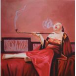 A Contemporary Chinese acrylic on canvas, depicting a woman dressed in red reclining and smoking a