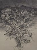 John Bratby (British 1928-1992) Graphite on paper, a study of a village and foliage, unsigned,