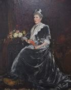A 19th Century oil on canvas portrait 'Lady Storey', depicted seated next to a bouquet of flowers,