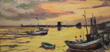 Joscar E Catello (Spanish 20th Century) Oil on canvas 'San Carlos Rapita', depicting fishing boats