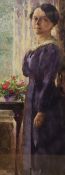 Orlando Greenwood (British 1892-1989) Watercolour, a full length portrait of a woman in purple stood