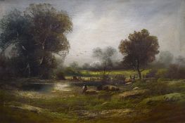 19th/20th Century oil on canvas, a country fishing scene, unsigned or attributed, within moulded