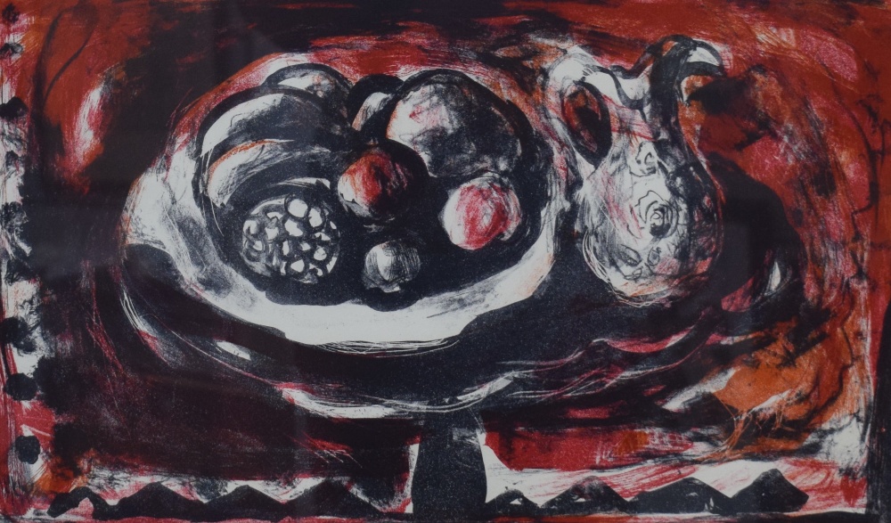 After Anne Redpath (Scottish 1895 - 1965) Lithograph, a still life study of a bowl of fruit with jug