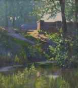 A 20th Century impressionistic oil on board, a study of sunlight on rooftops as seen through