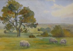 E L Bury (20th Century) Watercolour, an Autumnal pastoral landscape with sheep grazing, signed lower