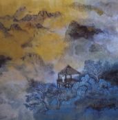 After Wang Jianan (Chinese 20th Century) Lithograph 'Enjoying Solitude on Blue Peaks', within card