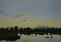 After Peter Scott (British 1909-1989) Lithograph 'Sunset from the Artists Window', pond scene with