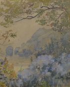 James Hamilton Hay (British 1874-1916) Watercolour 'Rhododendrons', a lakeside floral study,